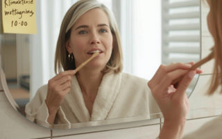 Kvinna i 50-årsåldern borstar tänderna med bambutandborste i badrum, med post-it-lapp på spegeln om hormonläkare – illustration av munhälsa i klimakteriet.